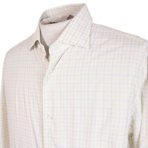 ISAIA Napoli Mens 17 x 33 Plaid Check Button Front Long Sleeve Dress Shirt Italy